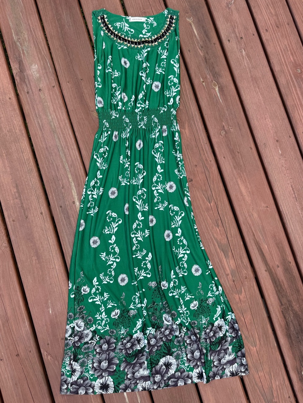 Green Floral Maxi Dress with Embellished Neckline